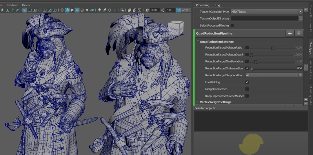 Simplygon UI in Maya 2024 doing quad reduction on a pirate asset