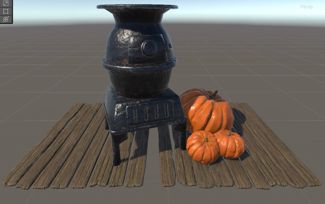 Unity scene with wood floor, pumpkins and stove.