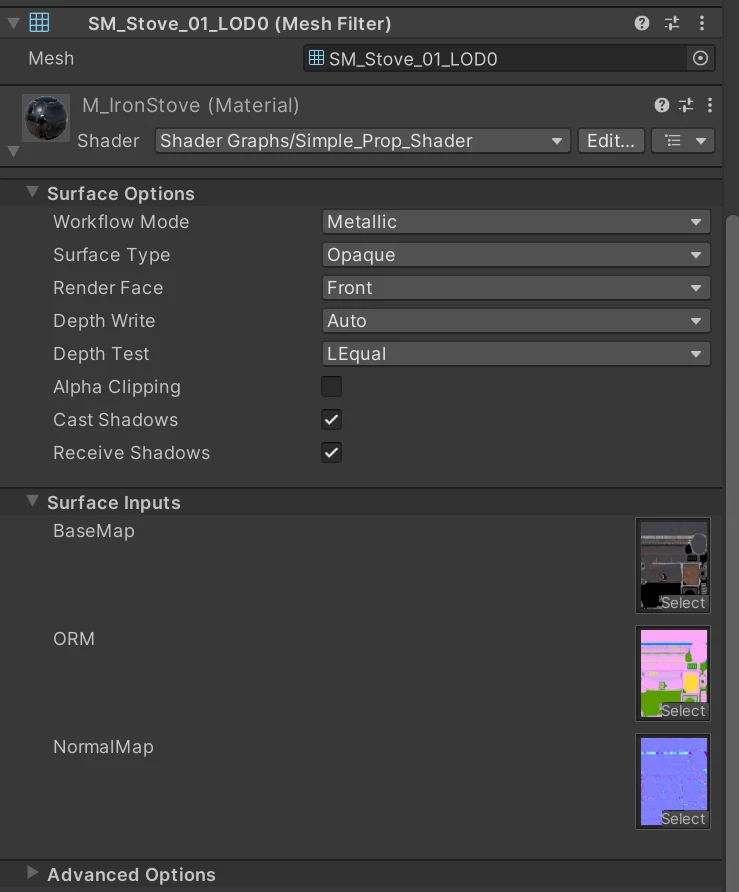 Unity material showcasing texture inputs.