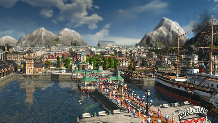 Screenshot from Anno 1800 showcasing tourists in city.