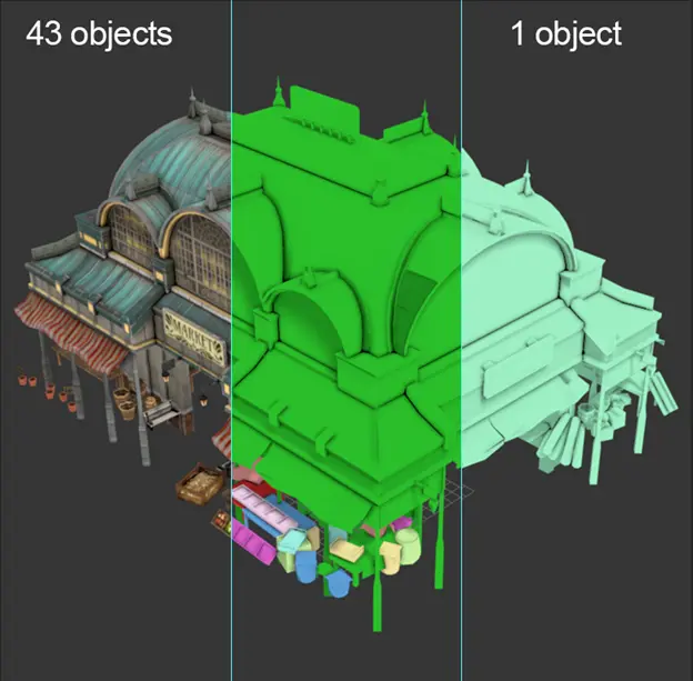Aggregated asset with one object compared to original object with 43 objects.