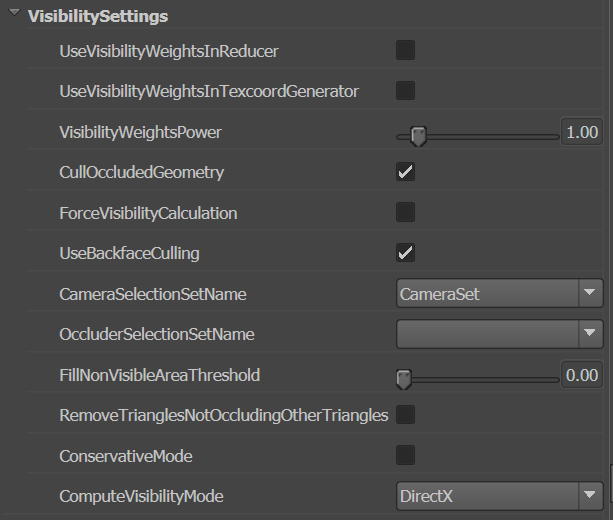 Visibility settings with CullOccludedGeometry true and CameraSelectionSetName set to CameraSet