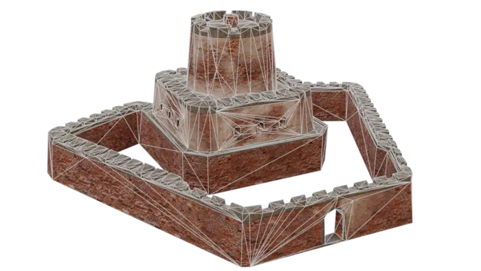 Low poly fort asset with wireframe showing.