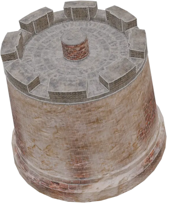 Tower with brick material, plaster material and stone material.