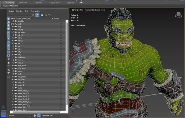 Orc model in 3ds Max showcasing quad strips