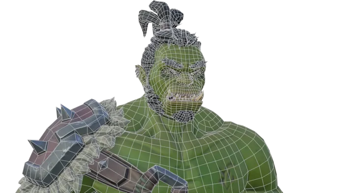 Orc 3D model face with quads wireframe