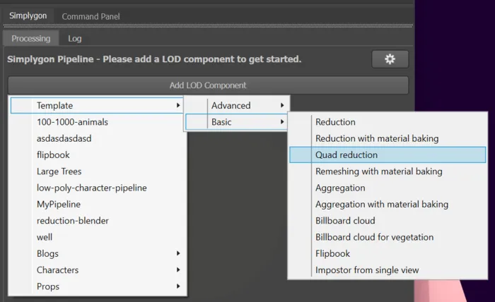 3ds Max Simplygon plugin UI, selecting Add LOD Component → Template → Basic → Quad reduction.