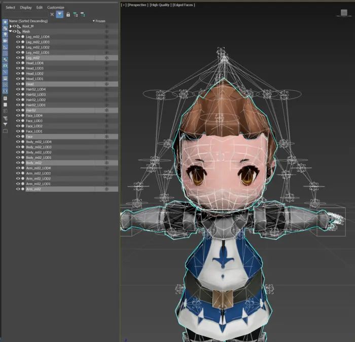 Knight character in 3ds Max with generated LODs