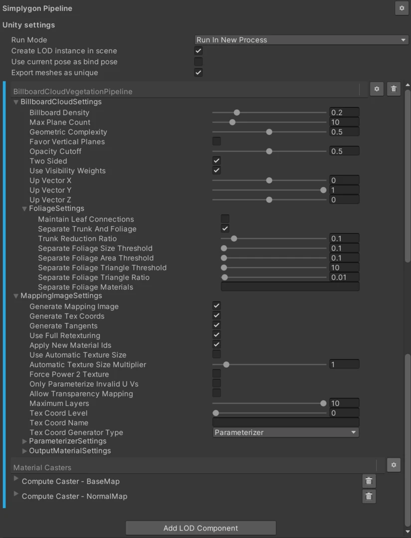 Billboard cloud for vegetation settings