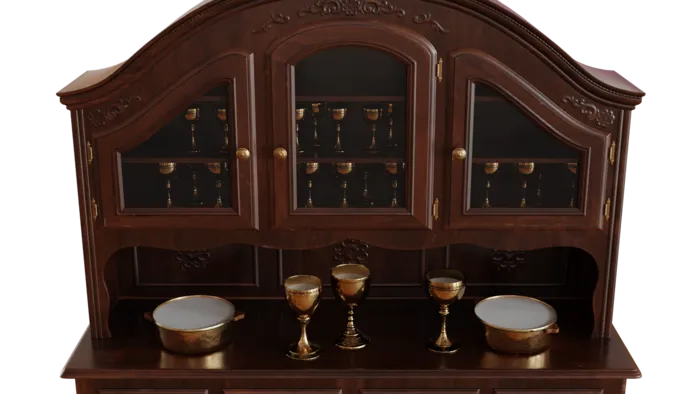 Cabinet with pot and goblets containing white materials.