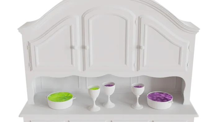 White Cabinet with pot and goblets containing mystical fluids. Mystical fluids marked