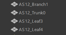 Objects in Maya; AS12_Branch1, AS12_Trunk0, AS12_Leaf3, AS12_Leaf4.