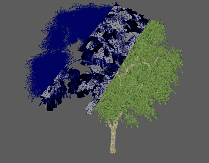 Tree asset with color, flat material and wireframe.