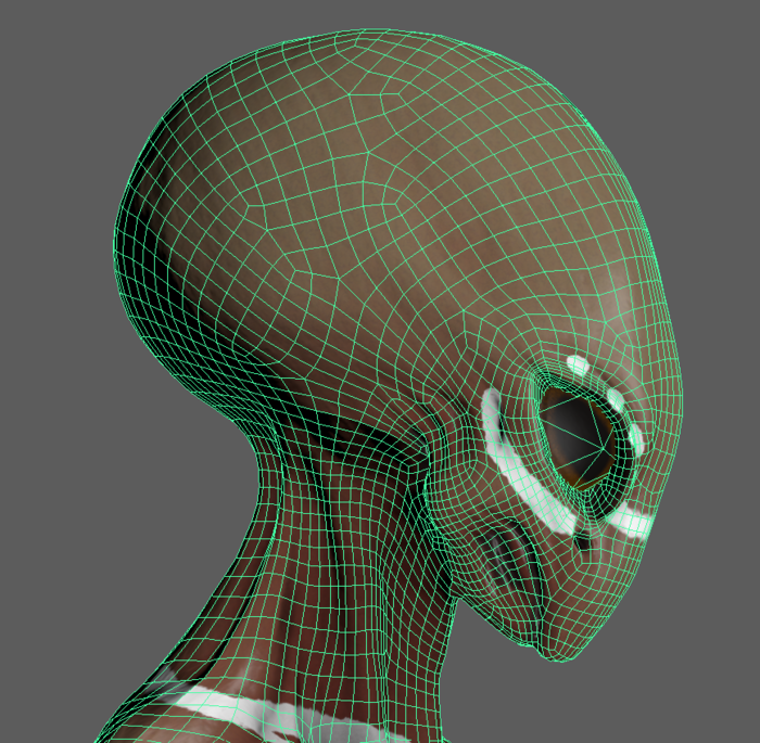 Alien with triangles eyes reduced. Quads are left untouched.