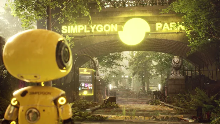 Yellow robot in front of Simplygon logo