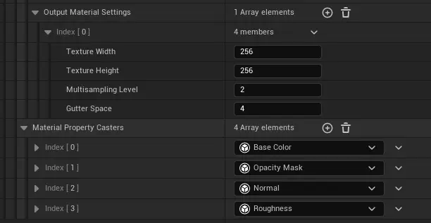 Texture size settings and material property caster settings.