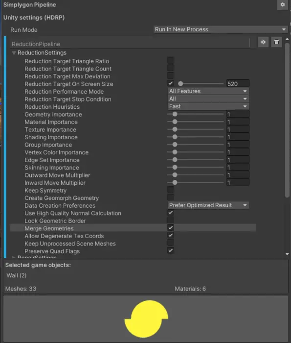 Reduction settings in Simplygon's UI.