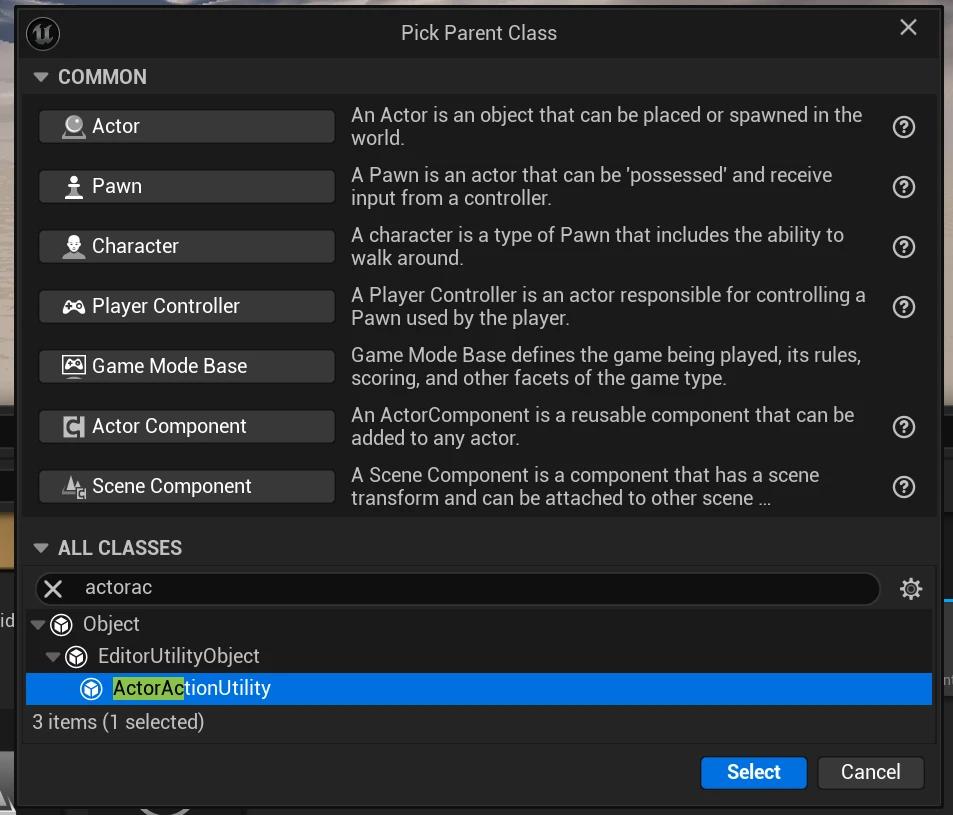 Create a Blueprint of type ActorActionUtility