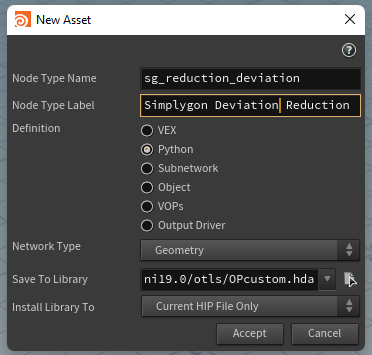 New Asset popup window in Houdini.