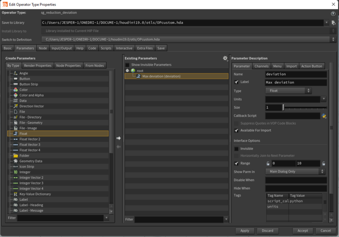 Edit Operator Type Properties window with one Max deviation parameter.