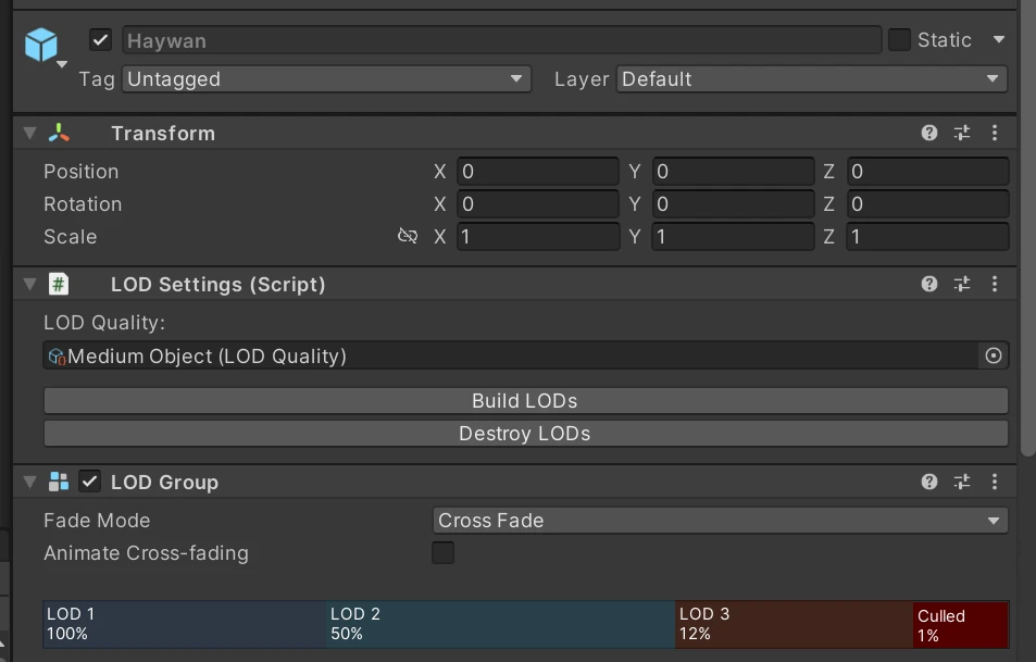 Unity component with two buttons; build LODs and destroy LODs.