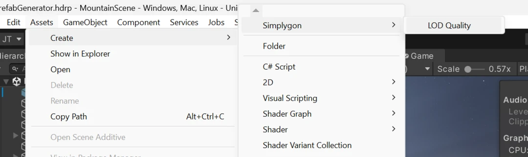 Unity menu: Assets → Create → Simplygon → LOD Quality