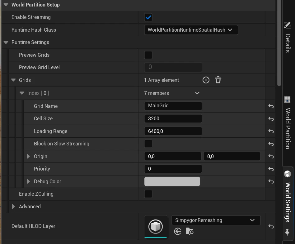 World settings where Runtime hash class is worldpartitionruntimespatialhash and default hlod layer is Simplygon Remeshing