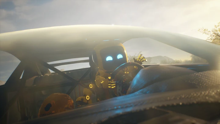 Yellow robot in a flying car