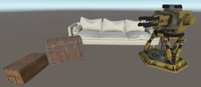 Video games assets; crate, chest, machete, sofa and a turret.