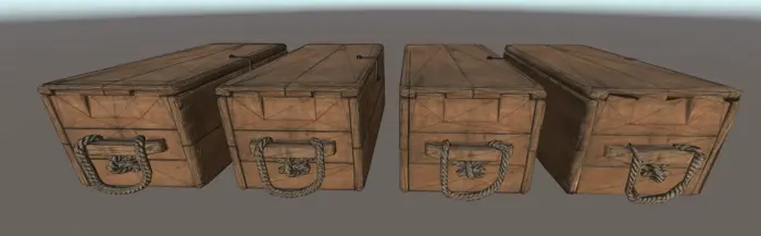 Four LODs of crate with wireframe showing