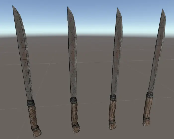 Four LODs of machete with wireframe showing