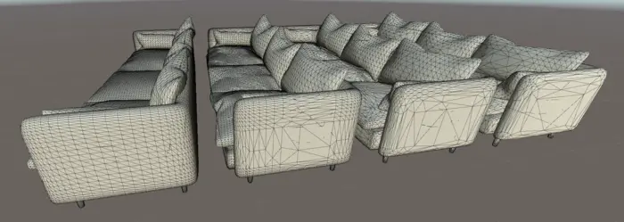 Four LODs of sofa with wireframe showing