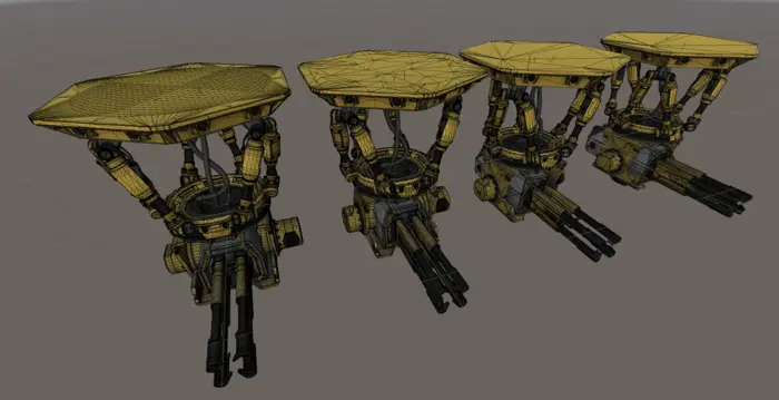 Four LODs of turret with wireframe showing
