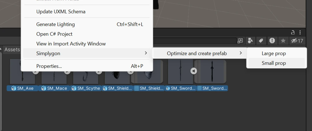 Right click menu in Unity project browser showcasing Simplygon optimization menu option.