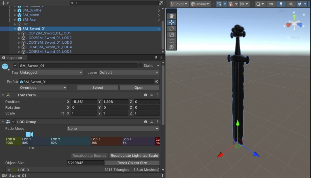 Large sword asset in Unity with hierarchy showing and LODGroup visible in inspector.